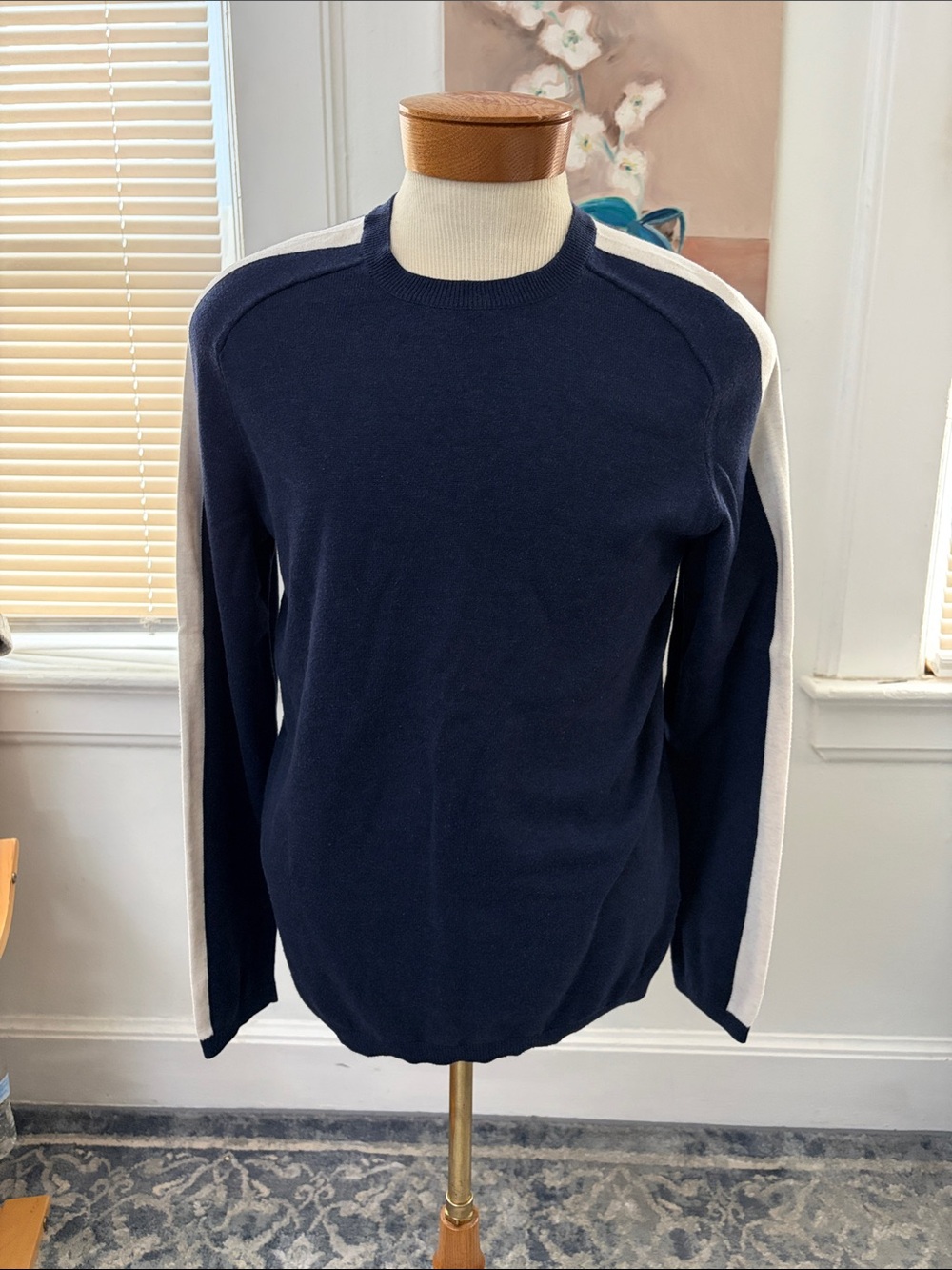 Men's selected Navy Crewneck Sweater with Ivory Shoulder Stripes
